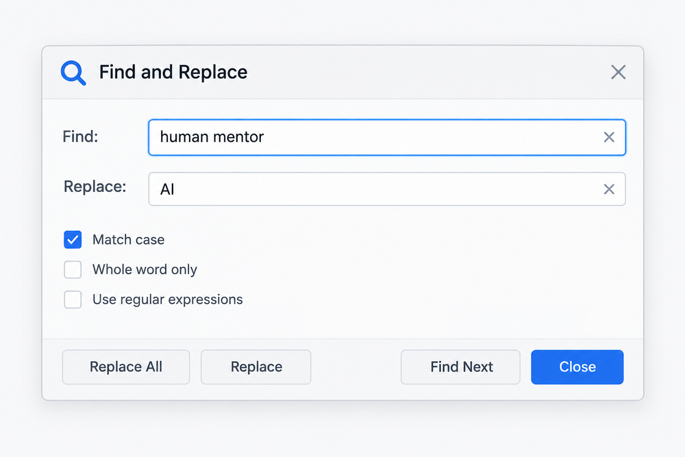 A screenshot of a Find/Replace dialog box where the user is finding text 'human mentor' and replacing with 'AI'