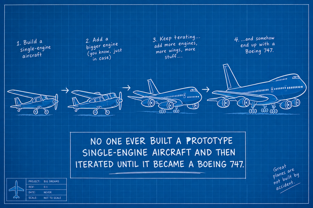 Sketches showing progression building a single engine plane, then changing to a bigger single engine plane, followed by a jet plane, and finally a 747.